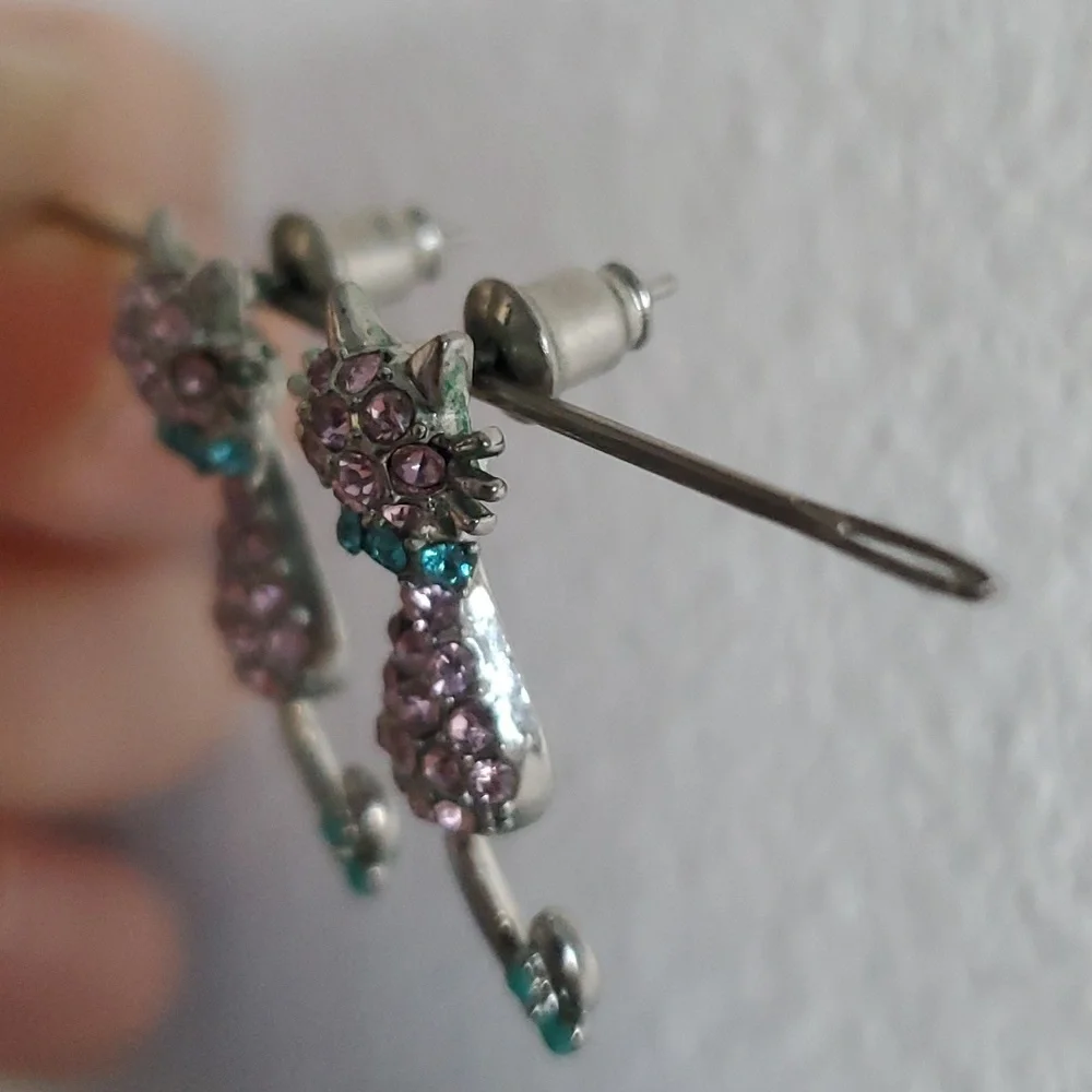 Pink Blue Gemstone Bejeweled Bobble Head Cat Dangle Post Earrings